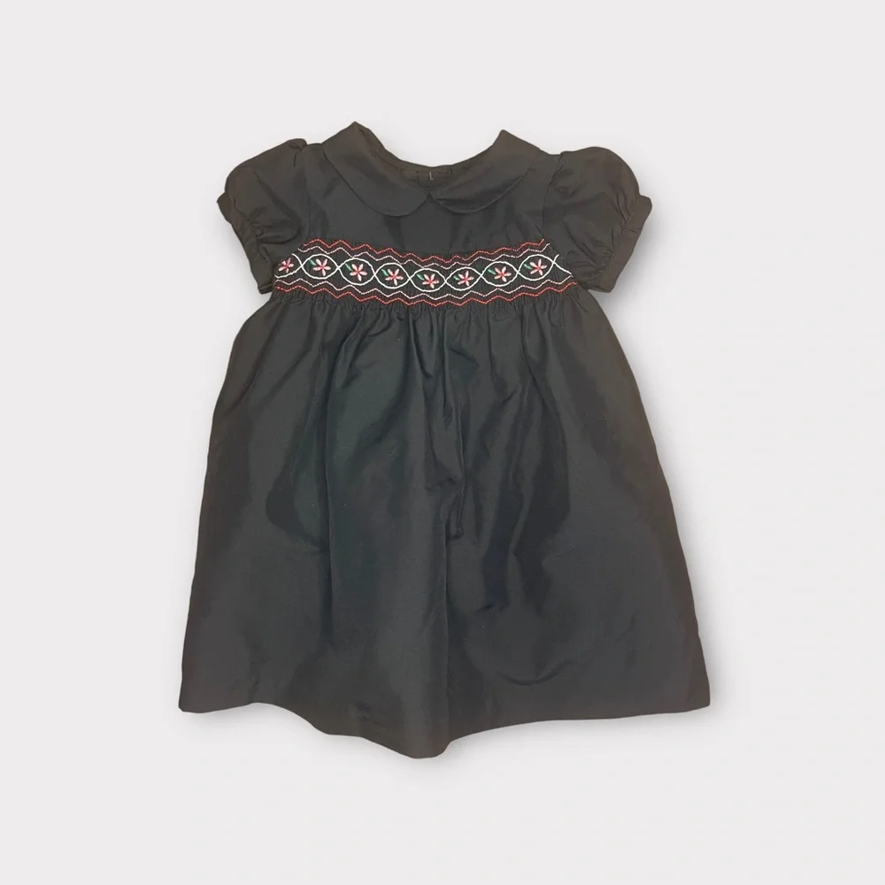 OshKosh Smocked Black Satin Peter Pan Collar Dress